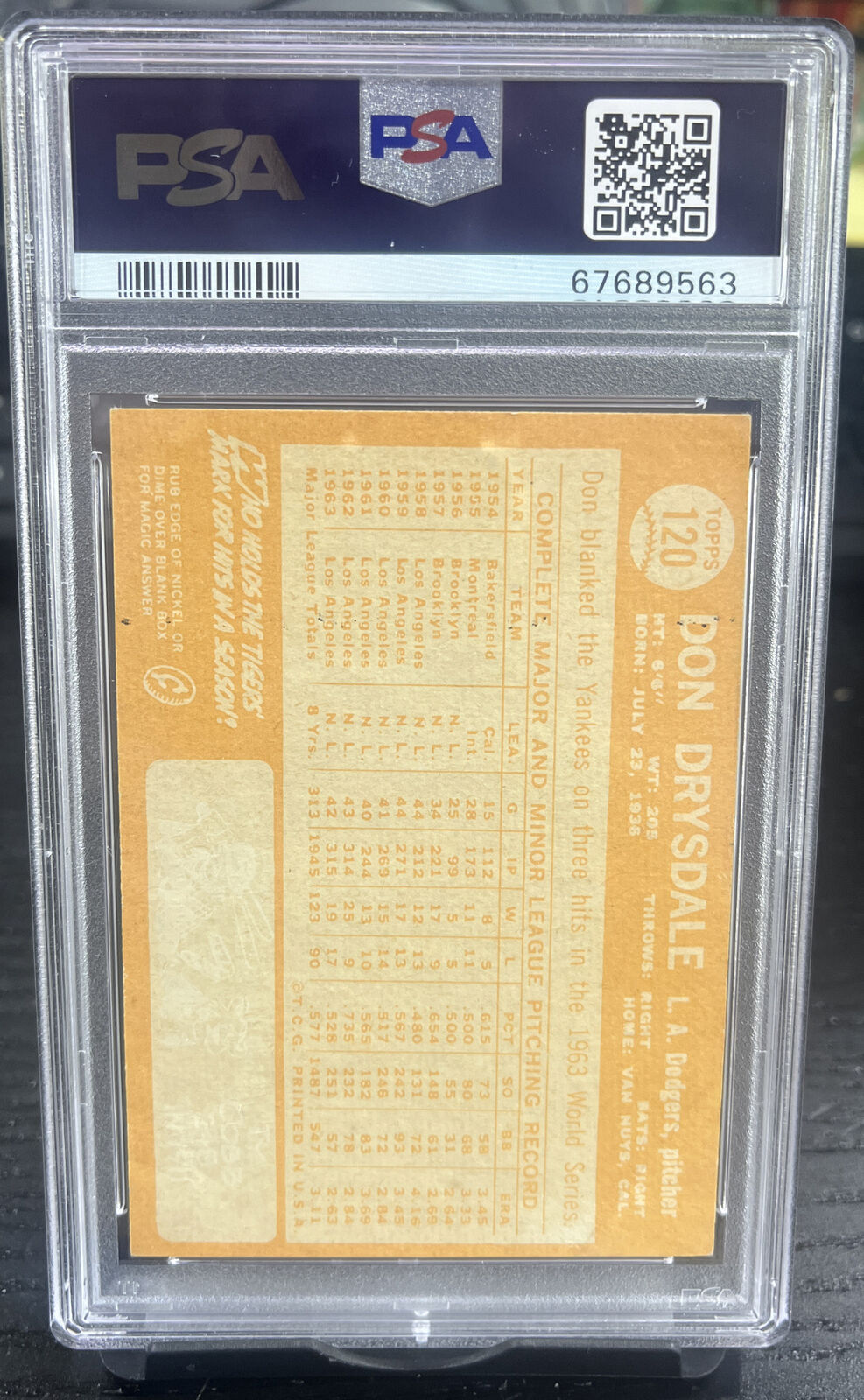 1964 Topps Don Drysdale #120 Los Angeles Dodgers PSA 4