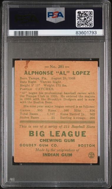 1938 Goudey Heads Up Al Lopez #281 Braves PSA Authentic Altered