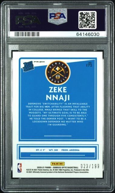 2020-21 Optic Zeke Nnaji Orange Prizm /199 Denver Nuggets PSA 10