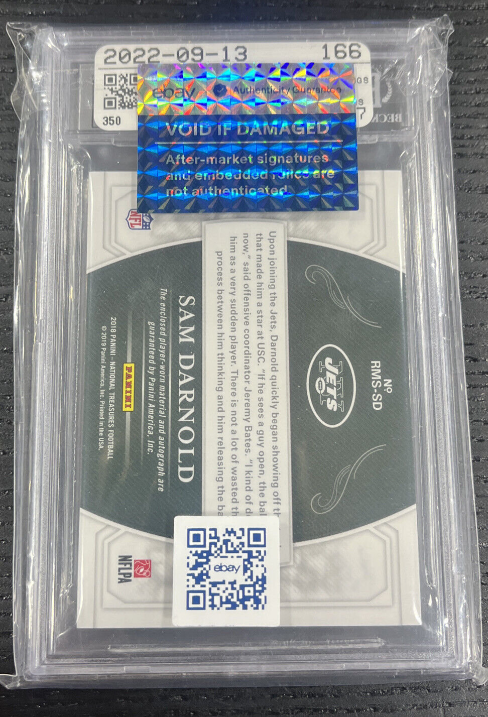 2018 National Treasures Sam Darnold Rookie RC Material Auto 1/1 BGS 9