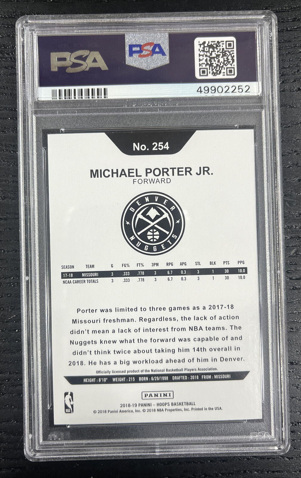 2018-19 Hoops Michael Porter Rookie Card RC #254 Denver Nuggets PSA 9