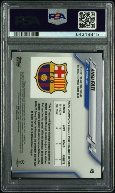 2019-20 Topps Chrome UCL Soccer Sapphire #45 Ansu Fati RC Rookie PSA 9 Mint