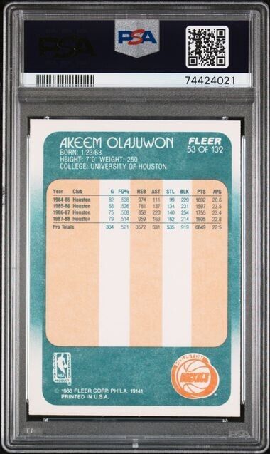 1988-89 Fleer Hakeem Olajuwon Akeem Olajuwon Houston Rockets #53 PSA 8 HOF