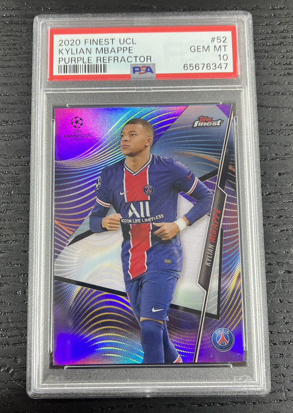 KYLIAN MBAPPE 2020-21 TOPPS FINEST UCL PURPLE REFRACTOR /250 PSA 10