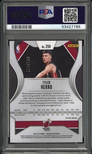 2019-20 Panini Prizm TYLER HERRO Purple Ice Prizm 14/149 PSA 10 Miami Heat
