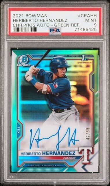 2022 Bowman Chrome Heriberto Hernandez Green Refractor /99 Auto Rangers PSA 9