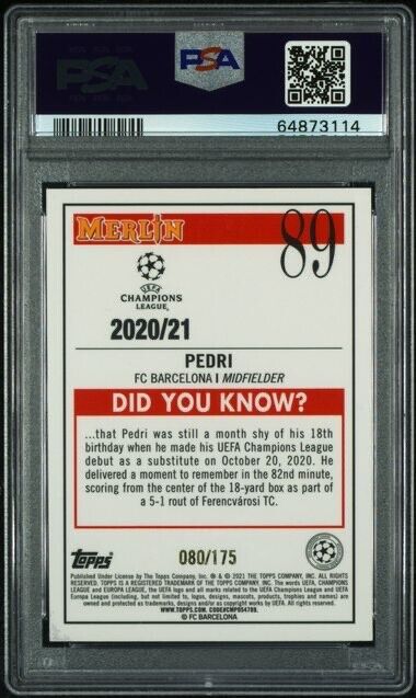 2020 Topps Merlin Chrome UCL Soccer Aqua Speckle Refractor Pedri RC /175 PSA 9