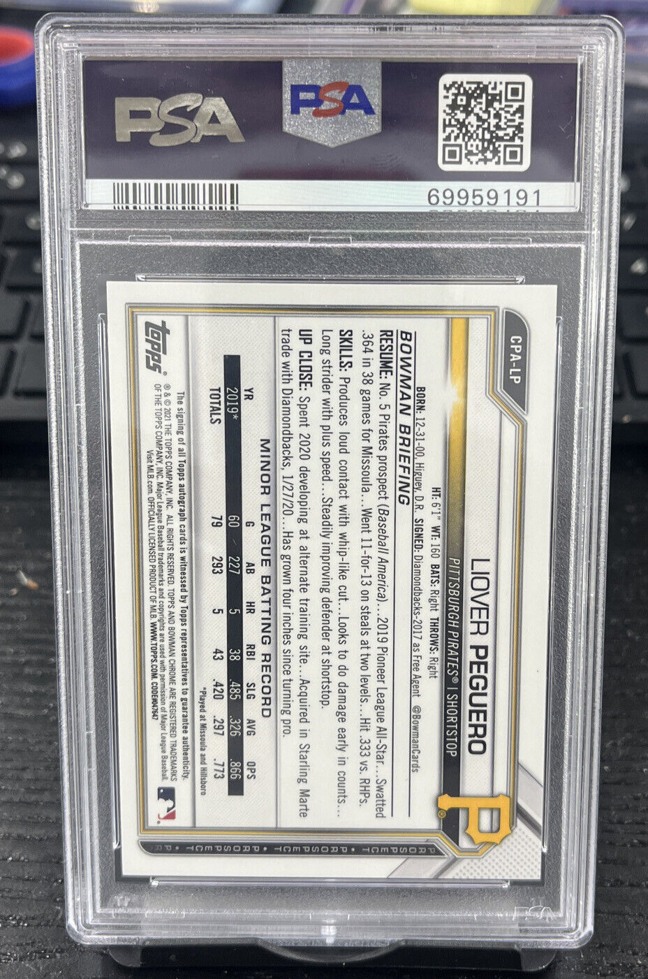 2021 Bowman Chrome Liover Peguero Yellow Refractor Prospect Auto #/75 PSA 10