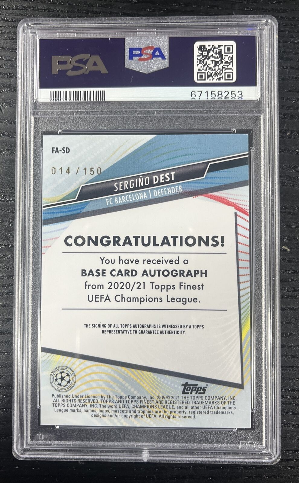 2020-21 Topps Finest UCL Sergino Dest Gol Refractor Auto #/150 PSA 9