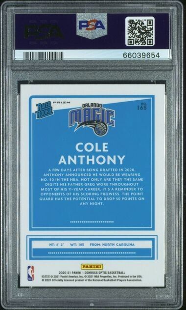 2020-21 Optic Cole Anthony Purple Refractor Orlando Magic PSA 10