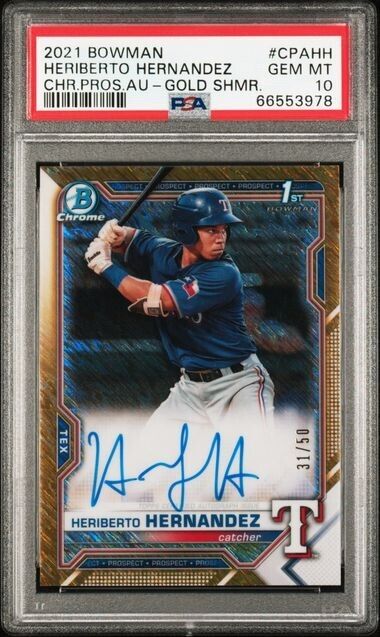 2021 Bowman Heriberto Hernandez Gold Shimmer Auto /50 #CPAHH PSA 10