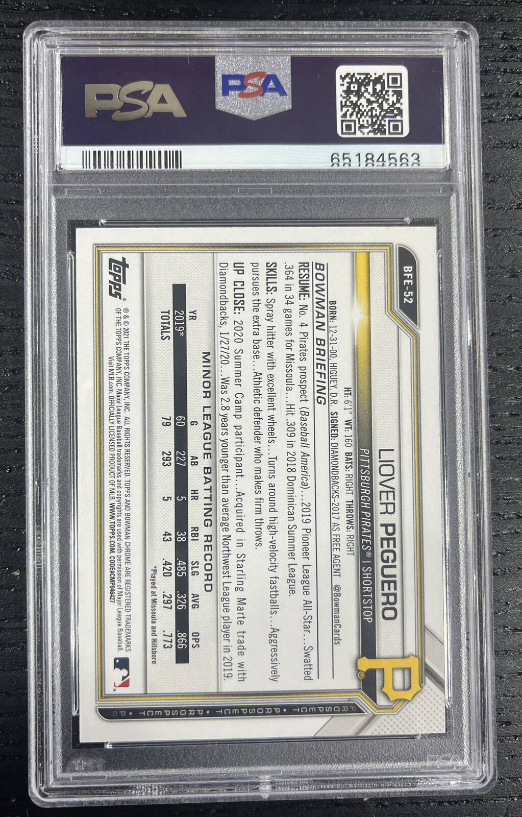 2021 Bowman Chrome Liover Peguero Sky Blue Foil Pirates PSA 9