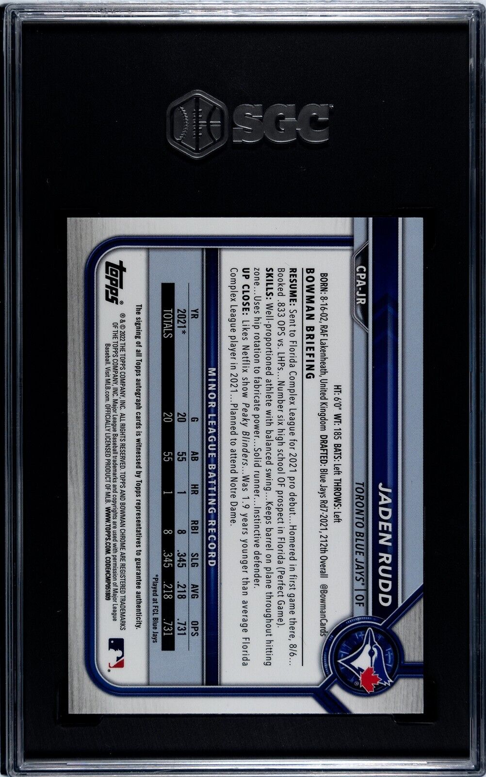 2023 Bowman Draft Jaden Rudd 1st Bowman Red Refractor Auto SGC 9.5