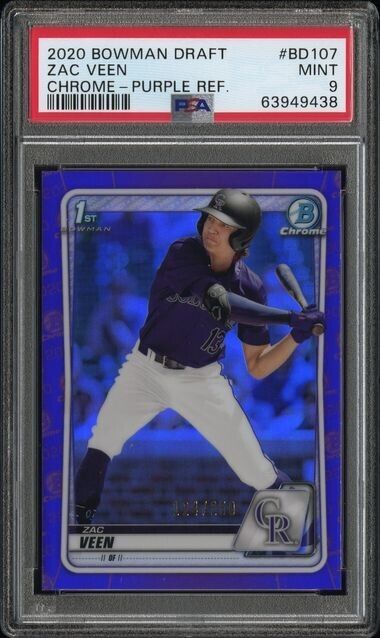 ZAC VEEN 1st 2020 Bowman Chrome Draft PURPLE REFRACTOR #/250 RC PSA 9