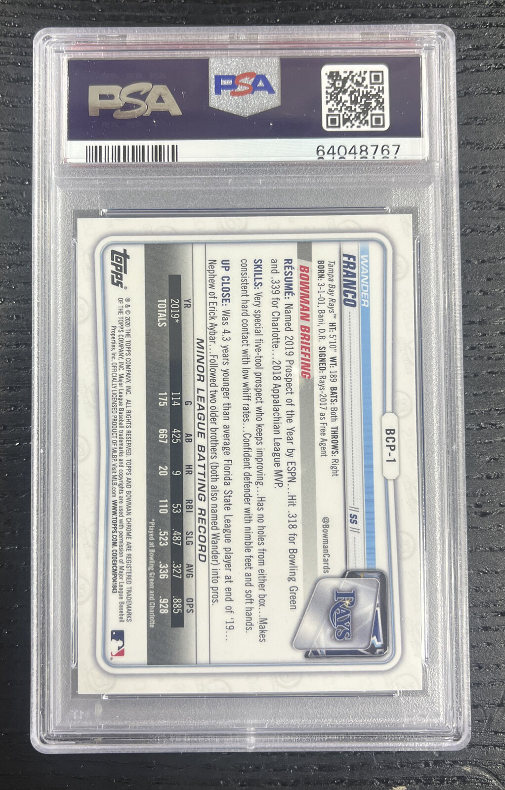 2020 Bowman Chrome Sapphire Wander Franco #BCP1 Tampa Bay Rays PSA 9