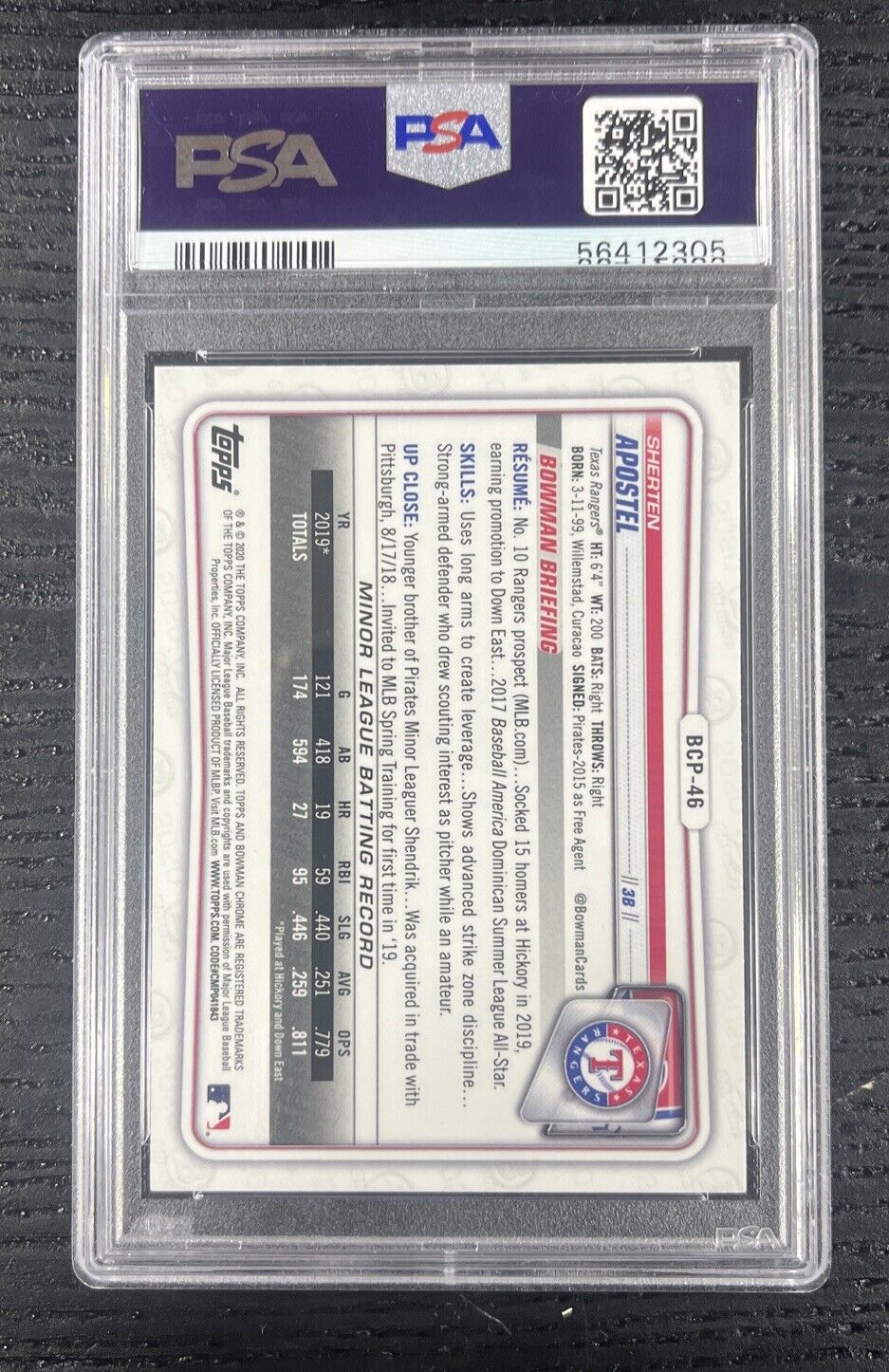 2020 Bowman Chrome Sapphire Edition Sherten Apostel RC PSA 10