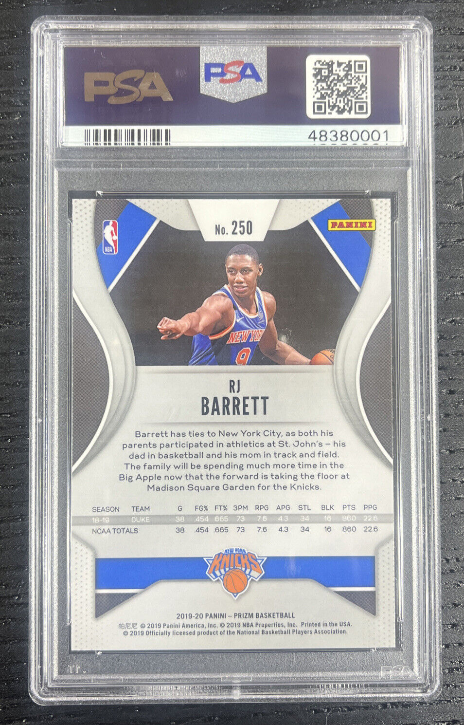 2019-20 RJ Barrett Panini Prizm Rookie RC #250 Knicks PSA 10