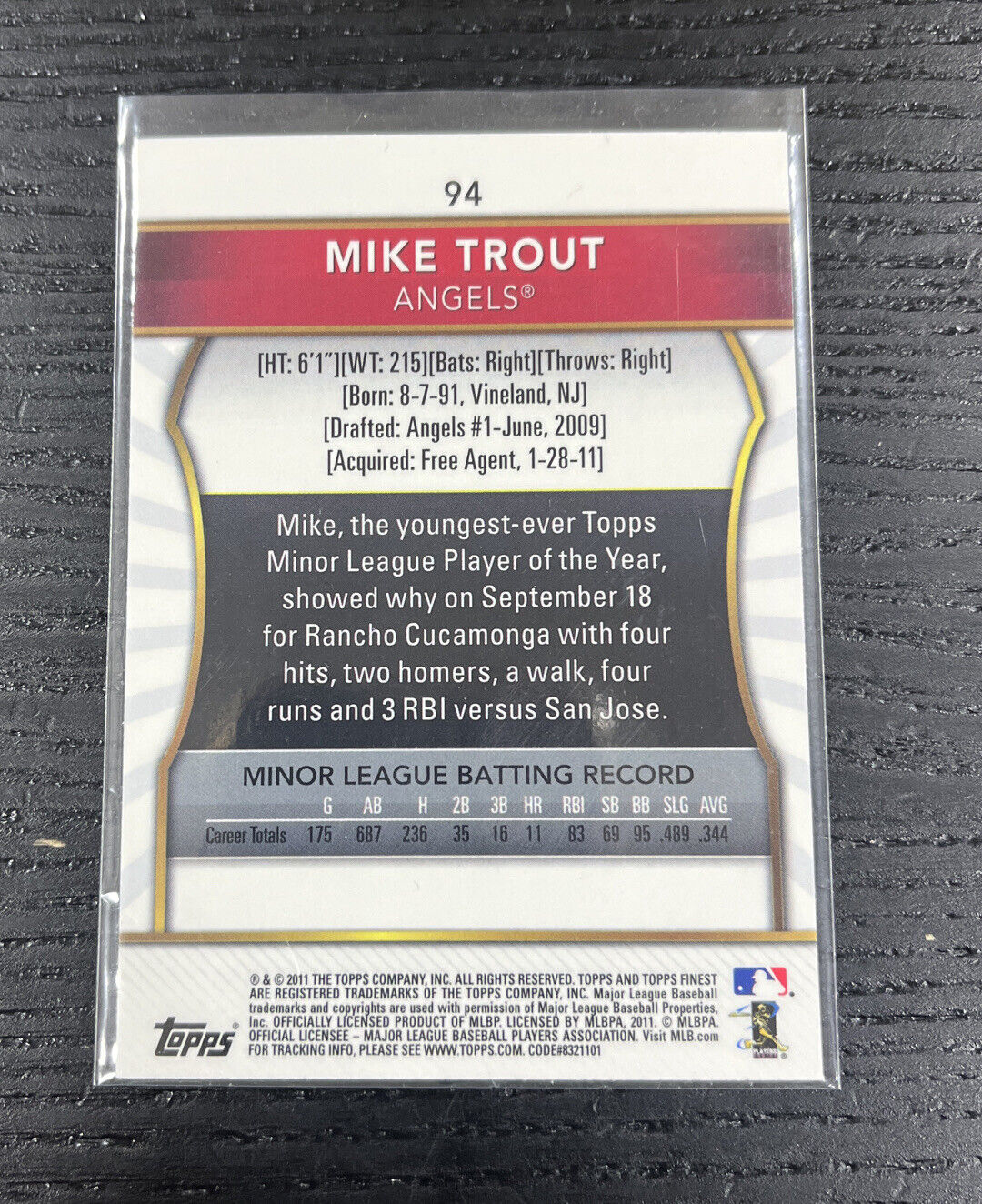2011 Topps Finest Mike Trout Rookie Los Angeles Angels #94