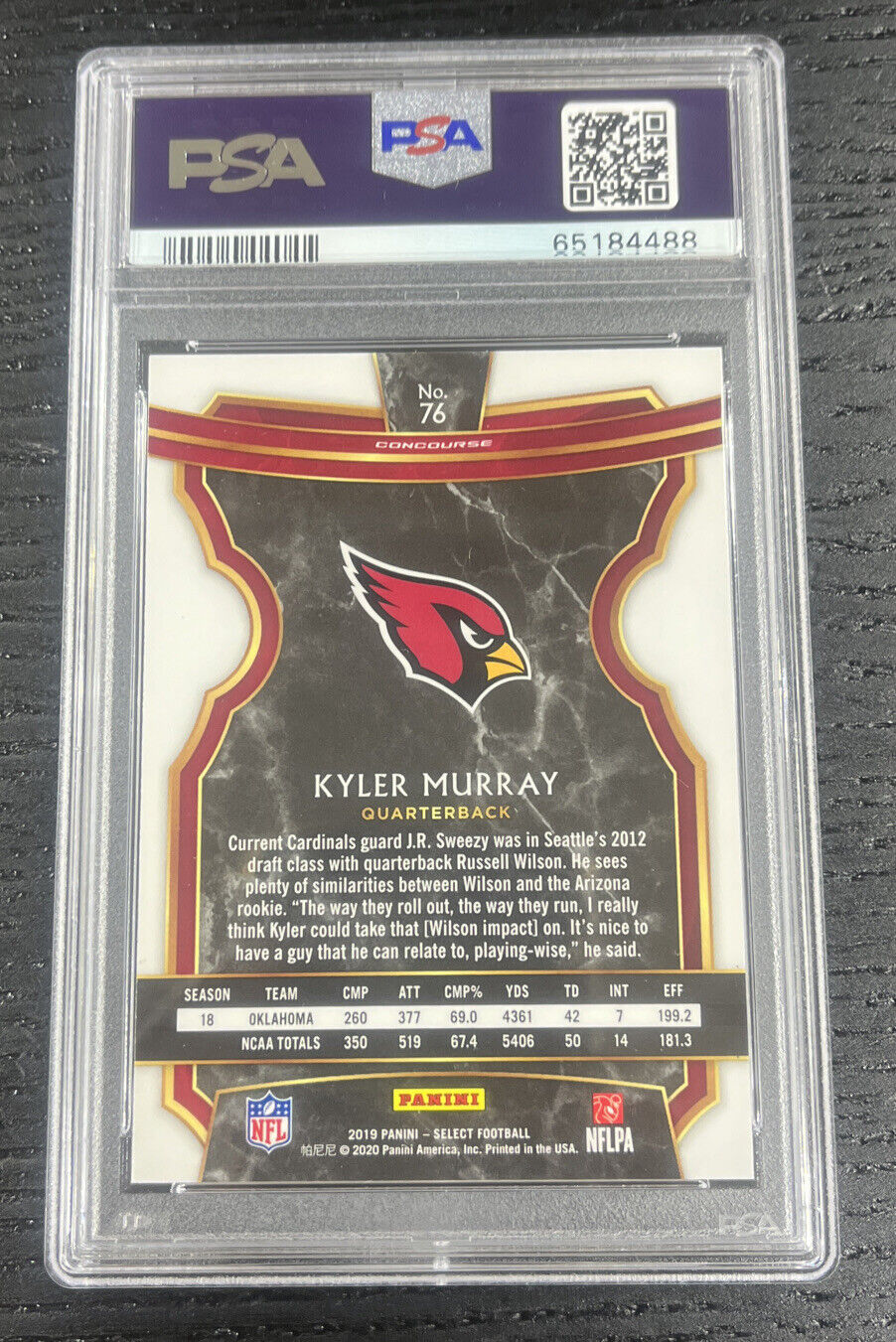 Kyler Murray RC Rookie Card 2019 Panini Select #76 RC PSA 10 Gem Mint