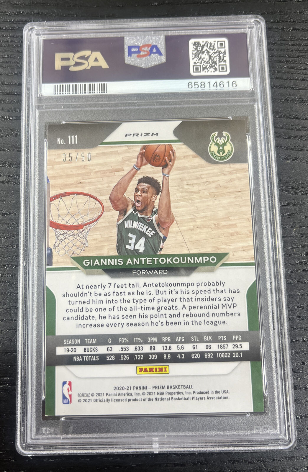 2020-21 Panini Prizm Giannis Antetokounmpo #111 Pink Disco /50 HOF PSA 9