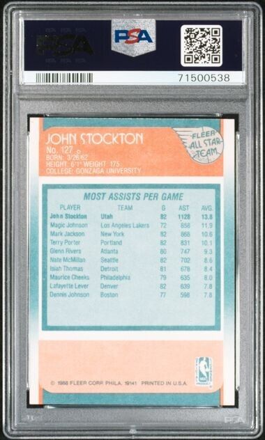 1988 Fleer John Stockton #127 All-Star Team Rookie NM-MT PSA 8 Utah Jazz
