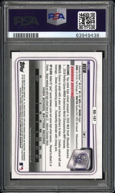 ZAC VEEN 1st 2020 Bowman Chrome Draft PURPLE REFRACTOR #/250 RC PSA 9