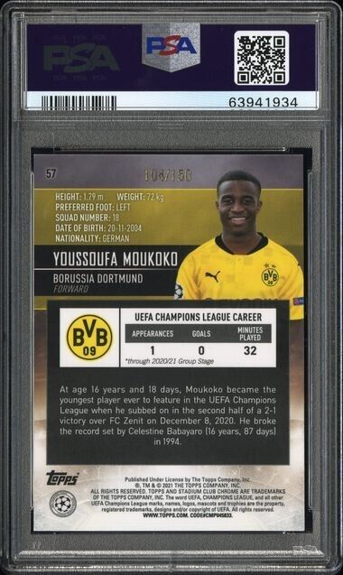 2020 Topps Stadium Club Youssoufa Moukoko AQUA GREEN RC REFRACTOR /150 PSA 10