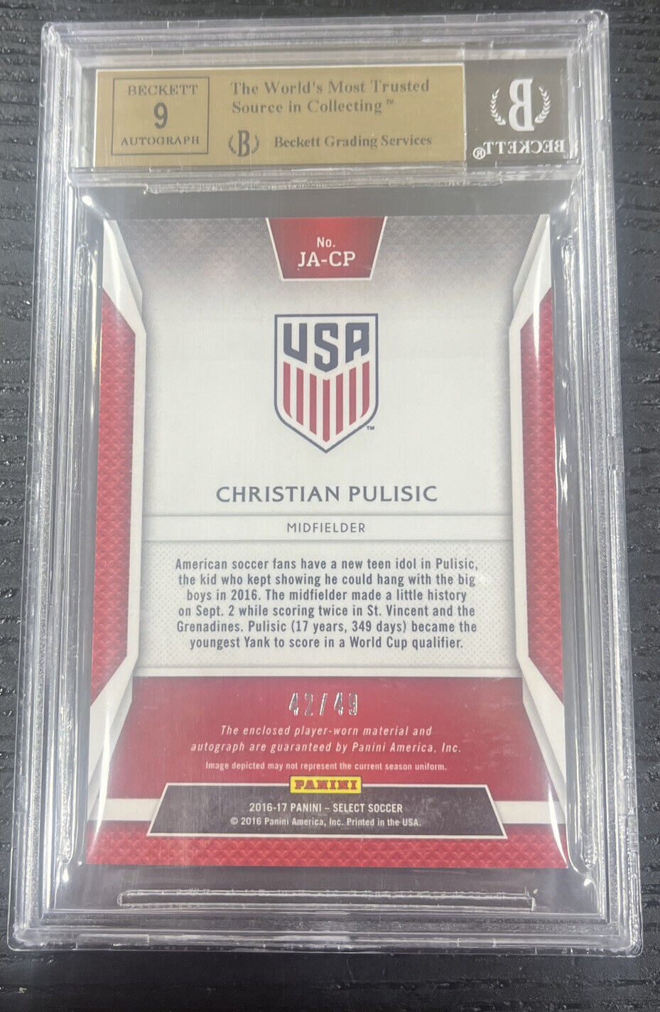 2016-17 Panini Select Christian Pulisic Jersey Auto Rookie /49 RC BGS 9.5 auto 9