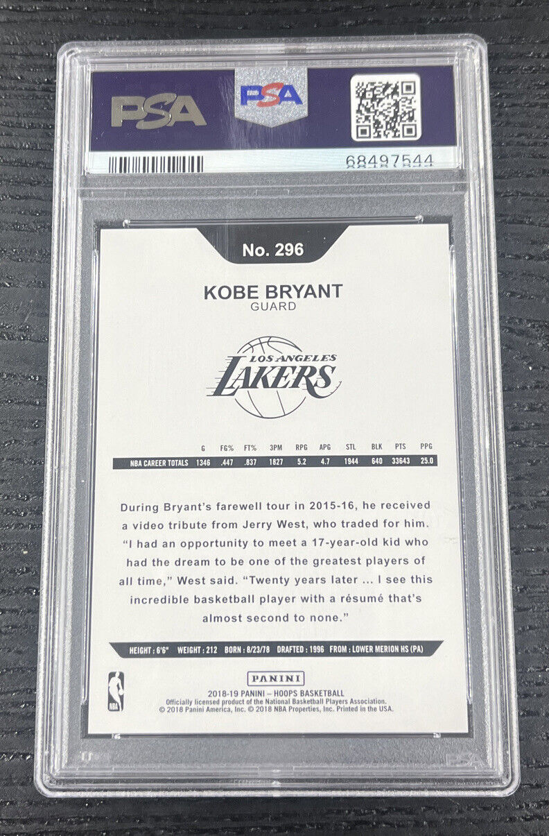 2018 Panini NBA Hoops KOBE BRYANT #296 Los Angeles Lakers /199 PSA 10 GEM MINT