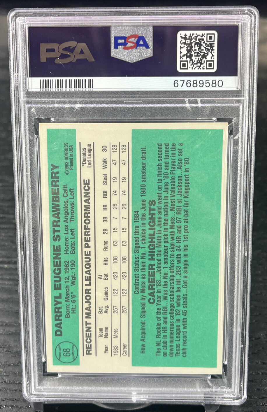 1984 DARRYL STRAWBERRY ROOKIE PSA 8 NM-MT DONRUSS NEW YORK METS HOF (#68)