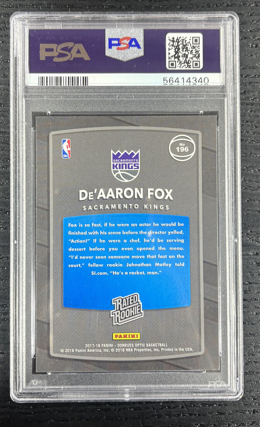 2017-18 Donruss Optic Rated Rookie De'Aaron Fox RC #196 Kings PSA 9 MINT