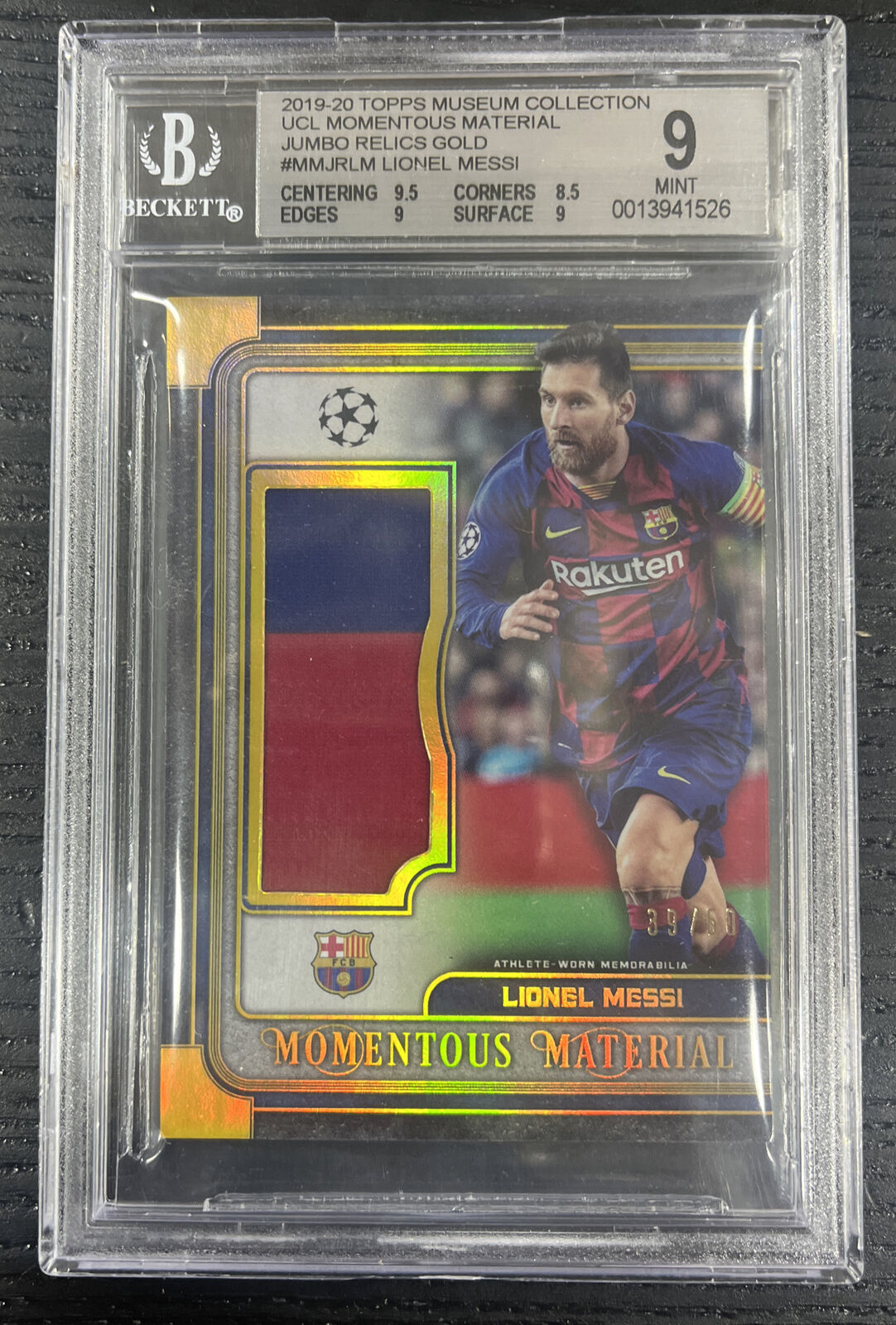 Lionel Messi 2019 Topps Museum Collection Barcelona Patch Relic Gold /50 BGS 9