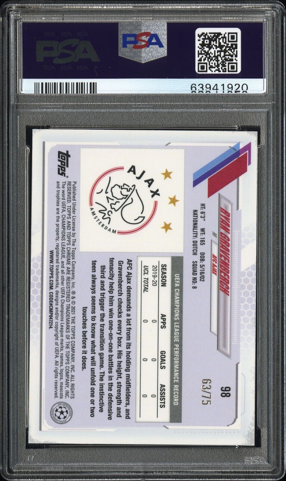 2020 Topps Chrome Sapphire UCL Ryan Gravenberch Green Sapphire /75 PSA 10 POP 5