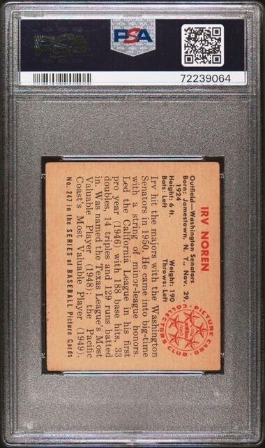 1950 BOWMAN - #247 IRV NOREN (NO COPYRIGHT) - WASHINGTON SENATORS - PSA 4