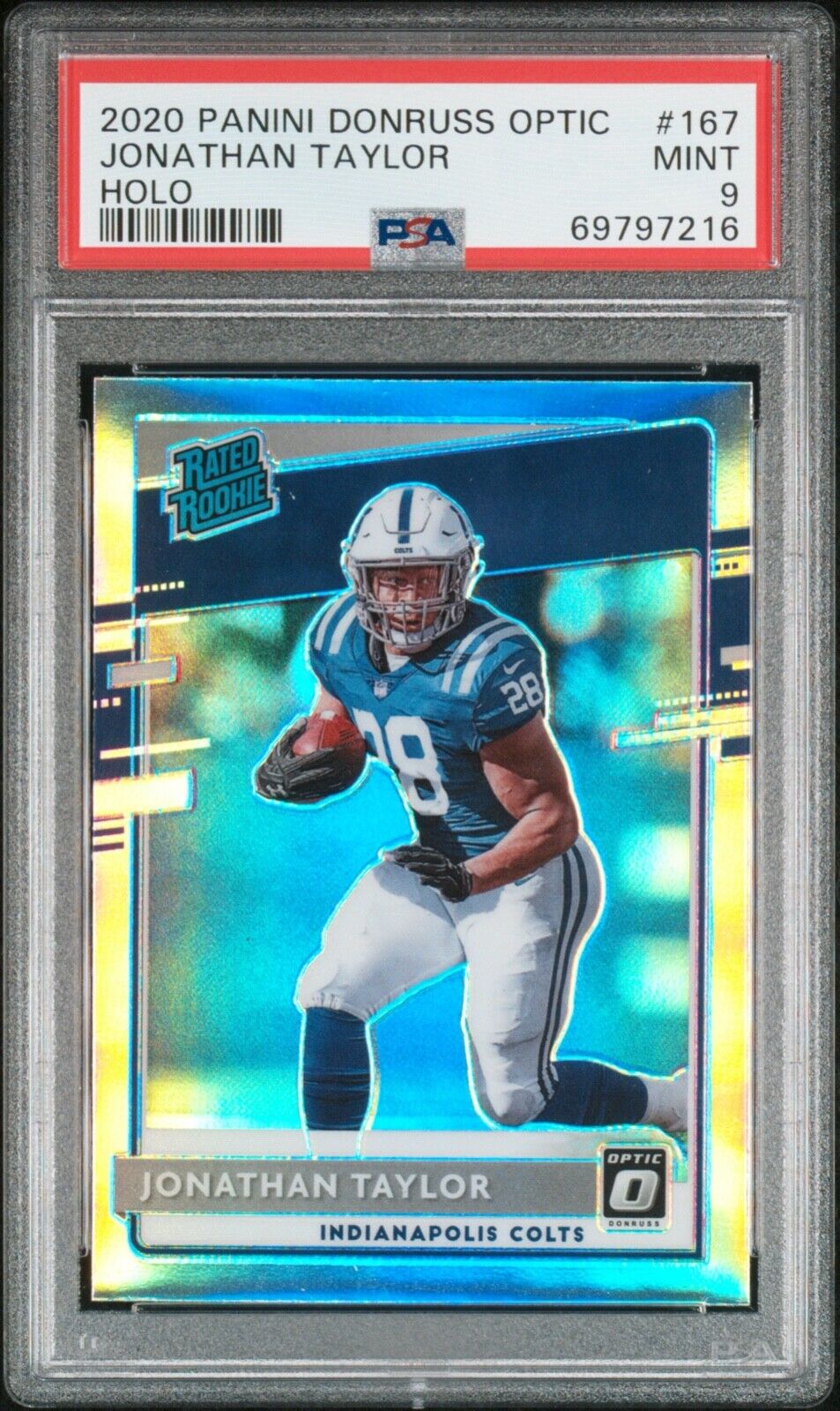 Jonathan Taylor Indianapolis Colts 2020 Optic Rated Rookie Silver Holo RC PSA 9