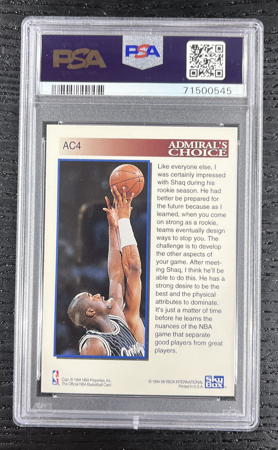 1993 Hoops Shaquille O'Neal Card #AC4 Admirals Choice NBA HOF PSA 9