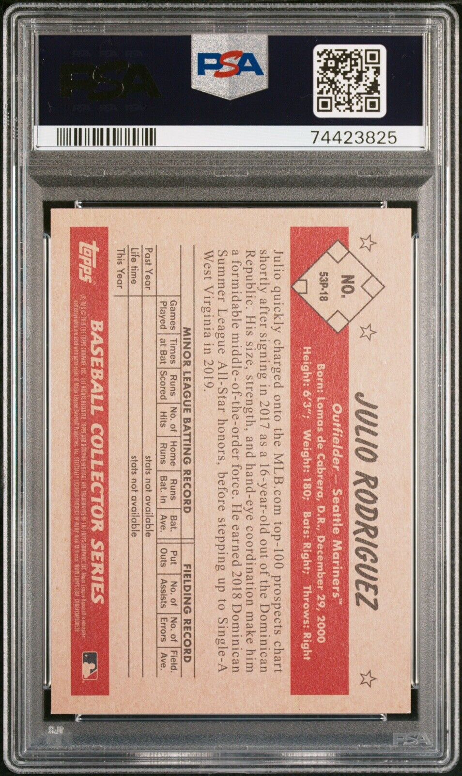 2019 BOWMAN HERITAGE JULIO RODRIGUEZ MARINERS BLACK WHITE SP ROOKIE PSA 9 MINT