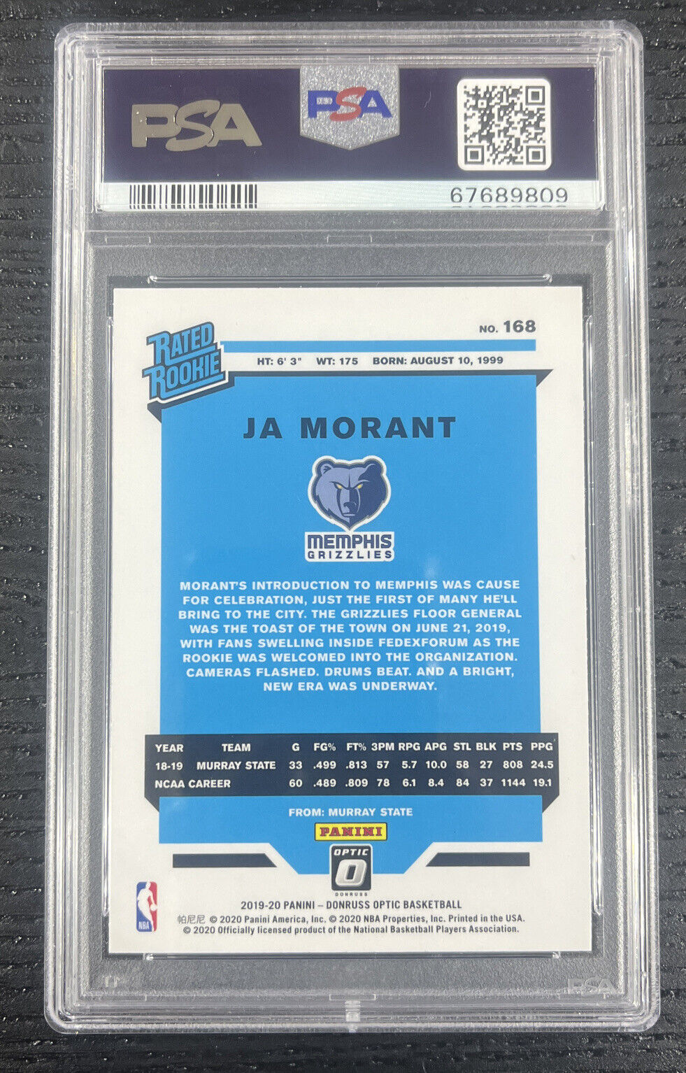 2019-20 Donruss Optic Ja Morant Rated Rookie Card RC #168 PSA 9 Grizzlies