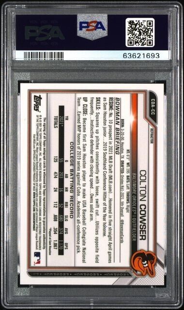 2021 Bowman Draft Colton Cowser 1st Bowman Chrome Refractor AUTO /499 PSA 9