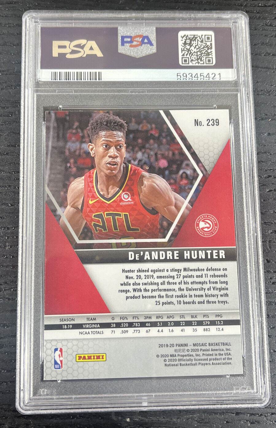 2019 Panini Mosaic #239 De’Andre Hunter PSA 10 Gem Mint Rookie Card