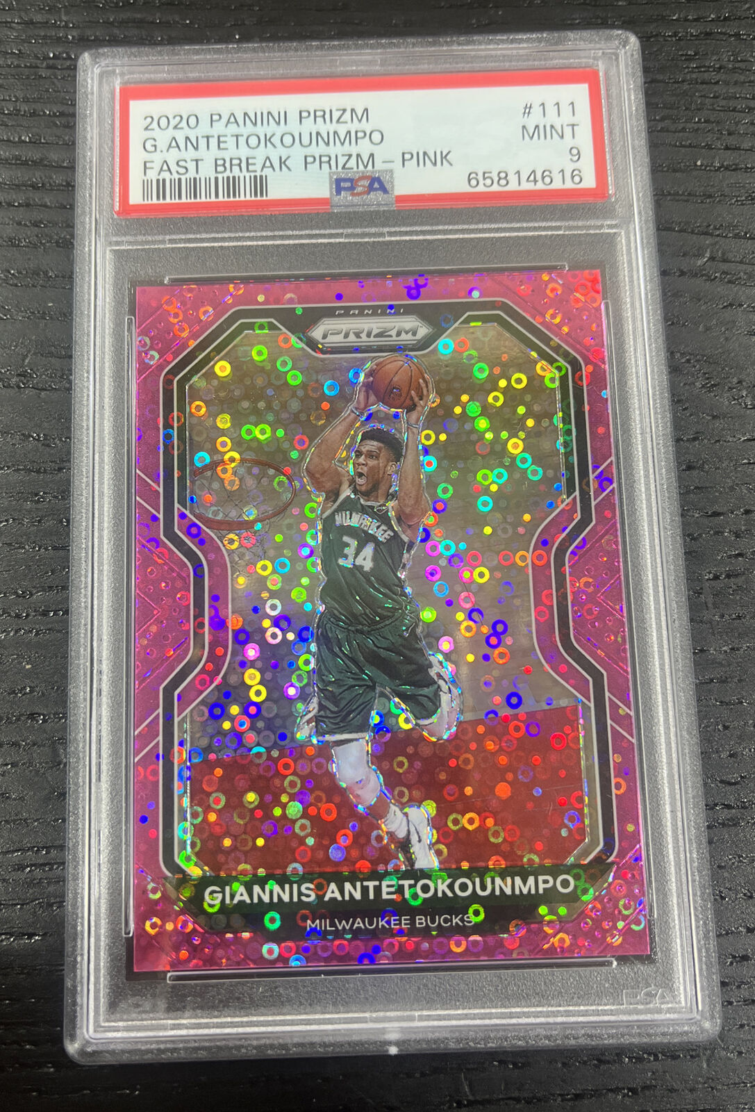 2020-21 Panini Prizm Giannis Antetokounmpo #111 Pink Disco /50 HOF PSA 9