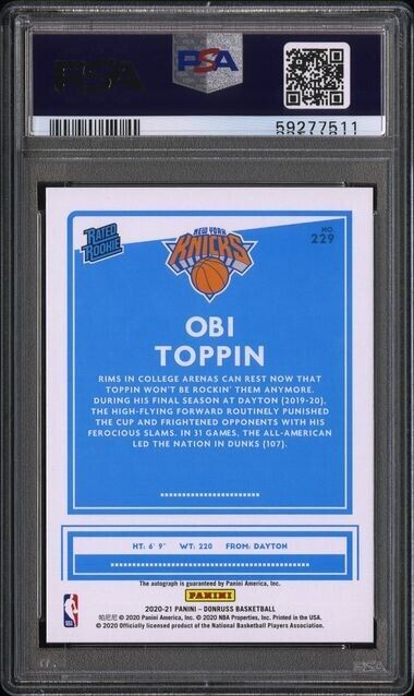 2020-21 Donruss Choice Black Gold Obi Toppin Signatures Auto /8 PSA 10