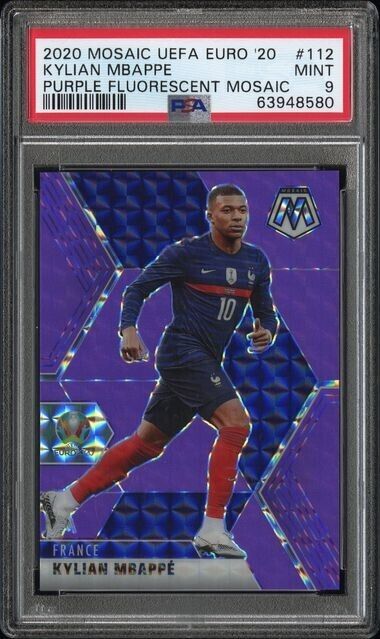 2020 Mosaic UEFA Euro 20 Kylian Mbappe Purple Fluorescent Mosaic #112 /70 PSA 9