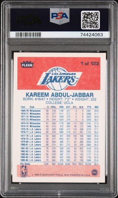 1986 FLEER #1 KAREEM ABDUL-JABBAR LAKERS HOF PSA 5