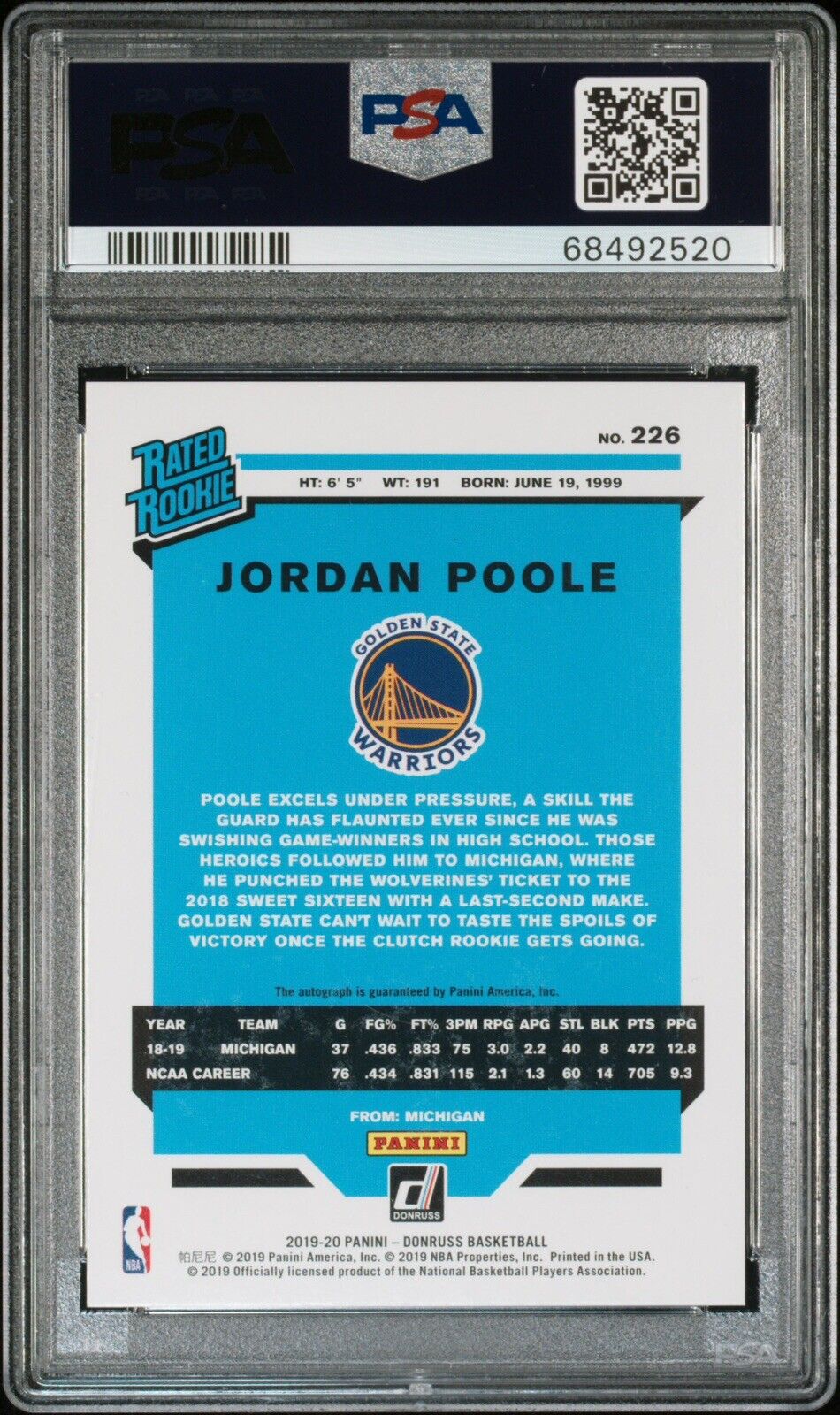 2019-20 Orange Laser Auto Jordan Poole PSA 10 Auto 9 Grade