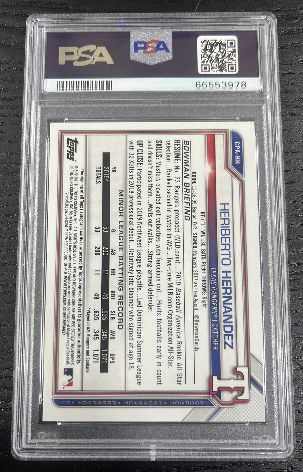 2021 Bowman Heriberto Hernandez Gold Shimmer Auto /50 #CPAHH PSA 10