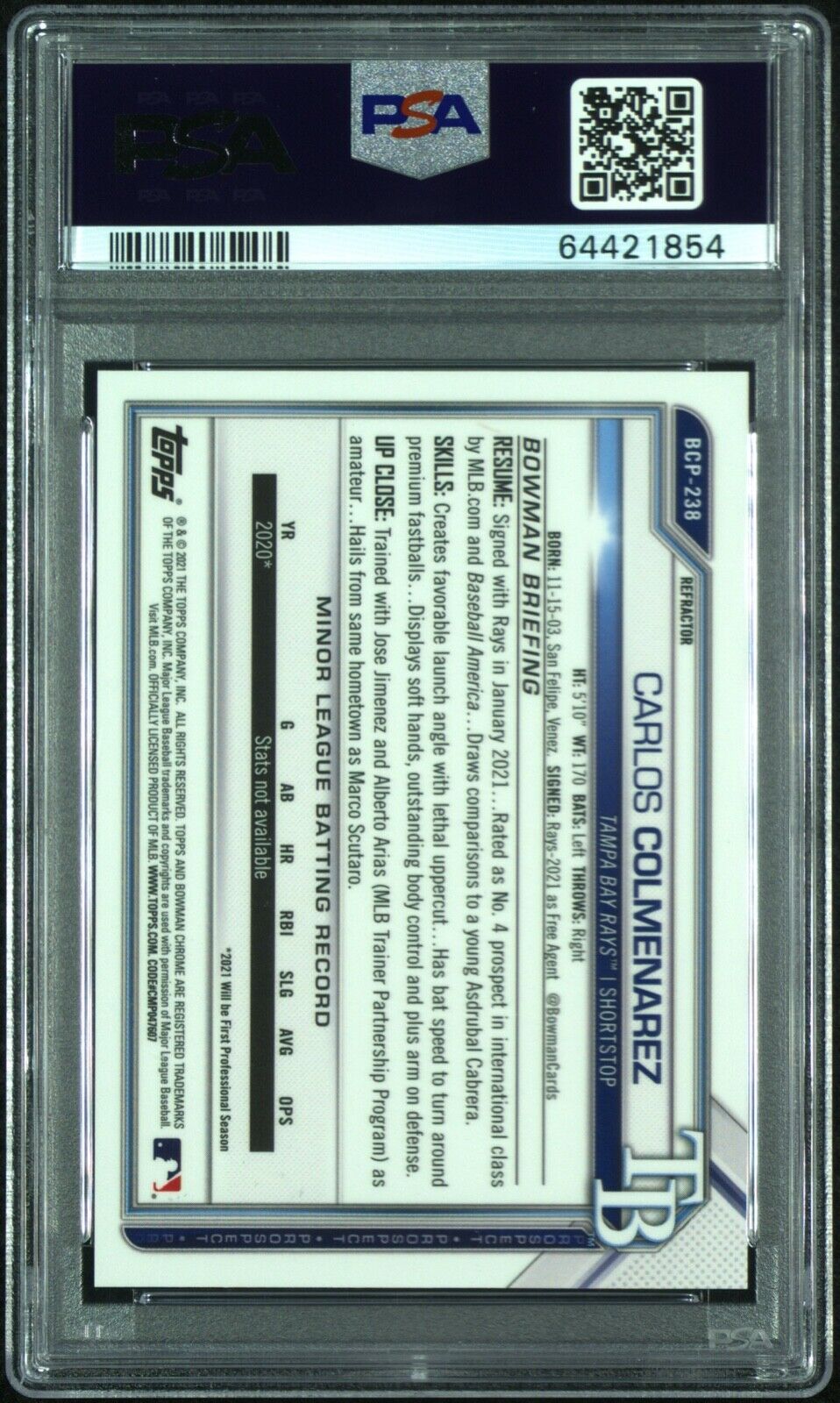 2021 Bowman Chrome Carlos Colmenarez Refractor /499 PSA 9 Mint #CPACC 1st