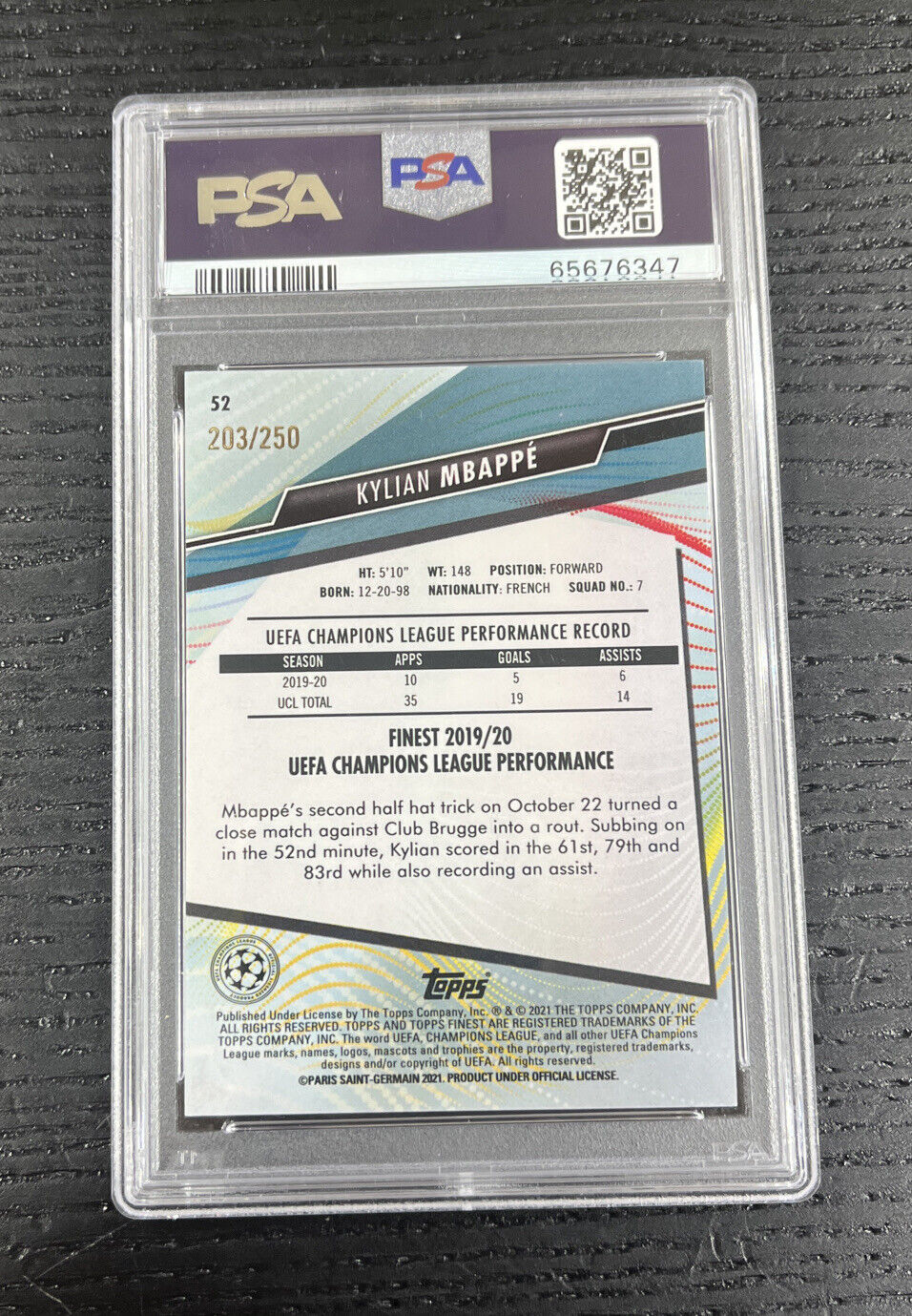 KYLIAN MBAPPE 2020-21 TOPPS FINEST UCL PURPLE REFRACTOR /250 PSA 10