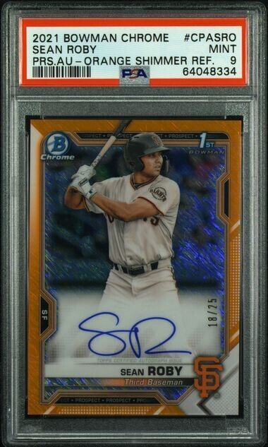 2021 Bowman Chrome Sean Roby Orange Shimmer Auto CPASRO /25 PSA 9