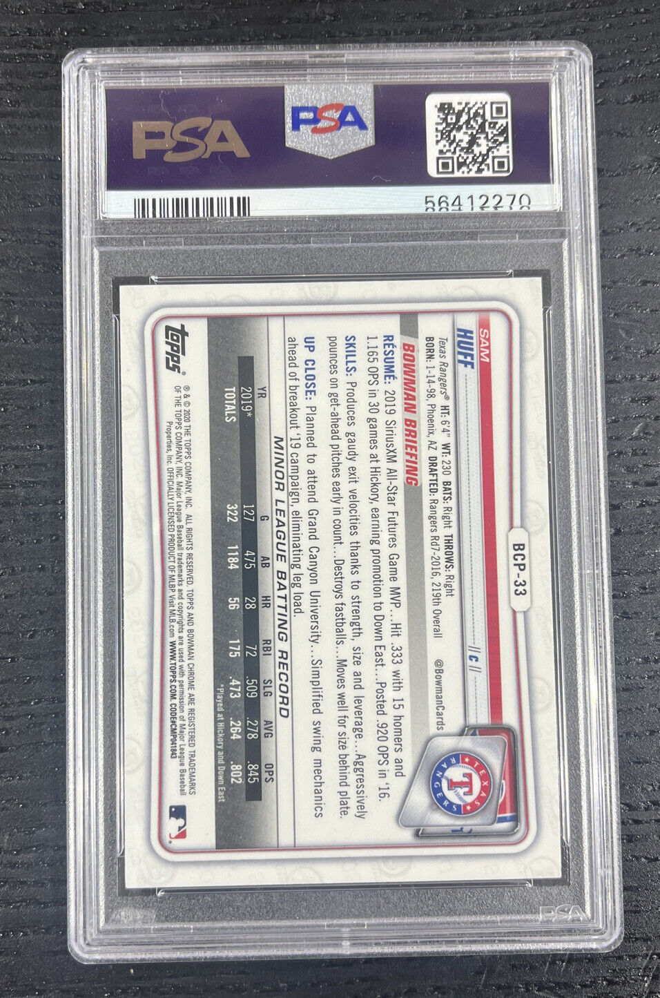 2020 Bowman Chrome Sapphire Prospects Sam Huff RC #BCP33 PSA 10